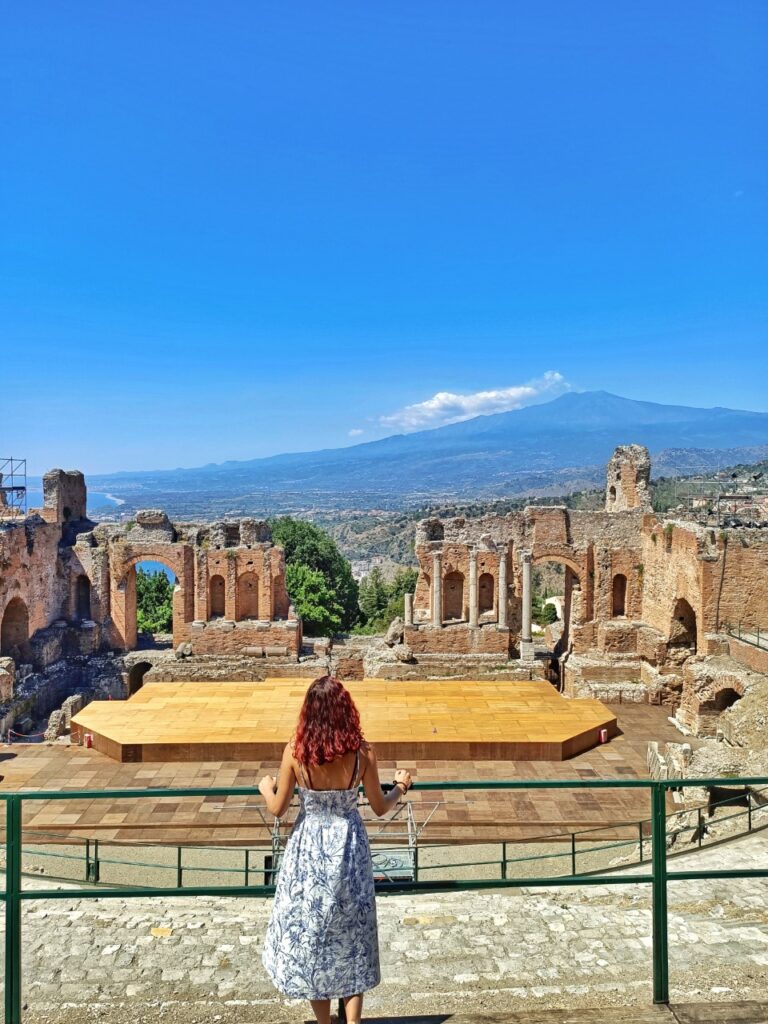 greek theatre in taormina, view of mount etna and the landscape