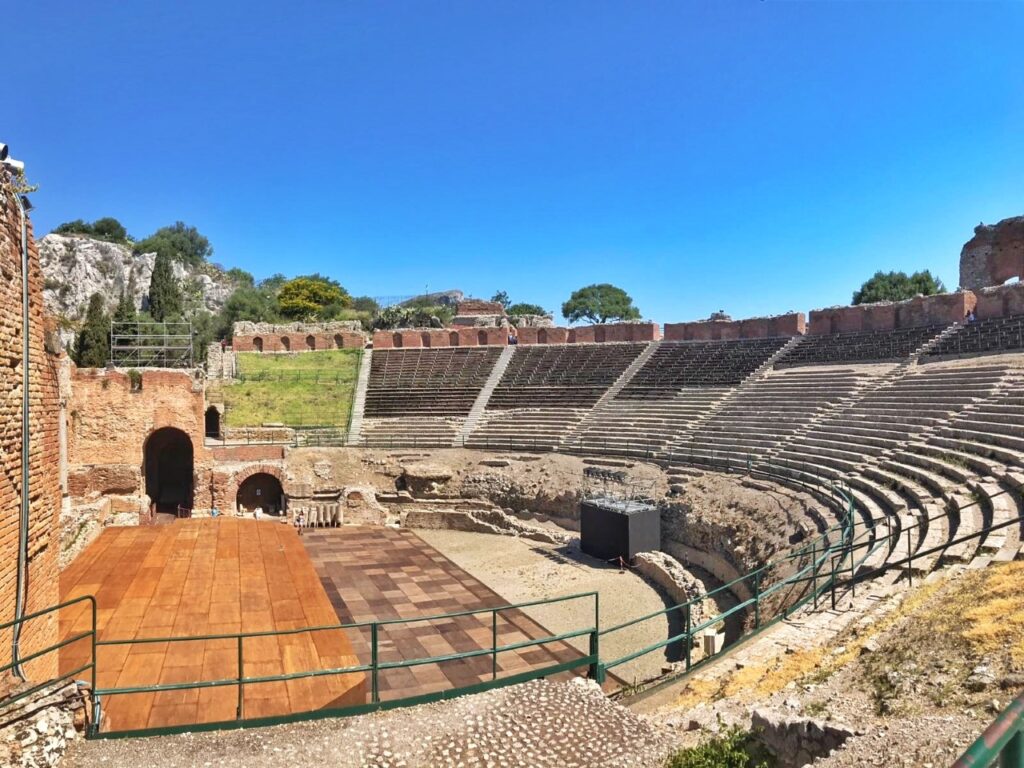 view of the stage of the greek theatre in taormina