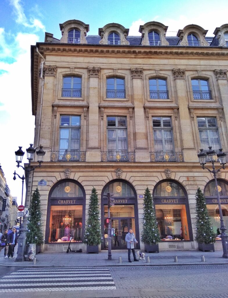 Jewellery store Charvet near the Plâce Vendôme in Paris. The storefront is decorated for Christmas with Christmas trees.