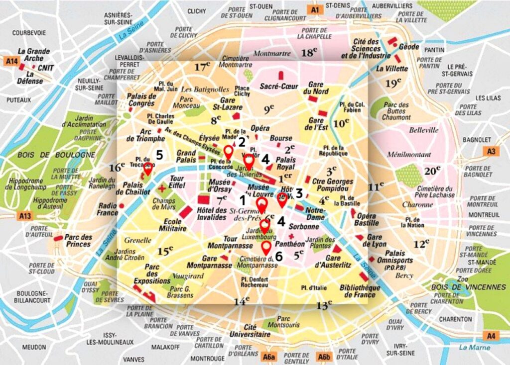 Map of Paris with pinpoints for the seven fountains you need to see in Paris.