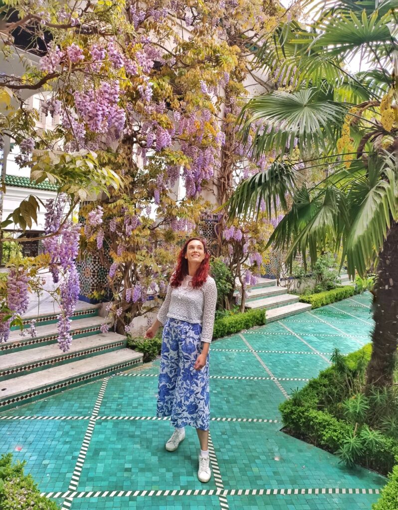 I am standing in the middle of the garden of the Grande Mosquée in Paris, the biggest mosque of the city. I am looking at the wisteria blooming all around me.