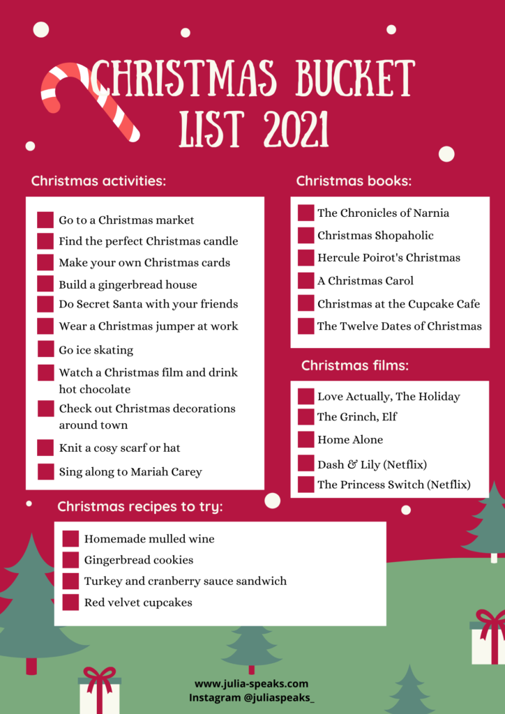 Christmas Bucket list with ideas of festive activities, Christmas movies and books, and Christmas recipes to try.