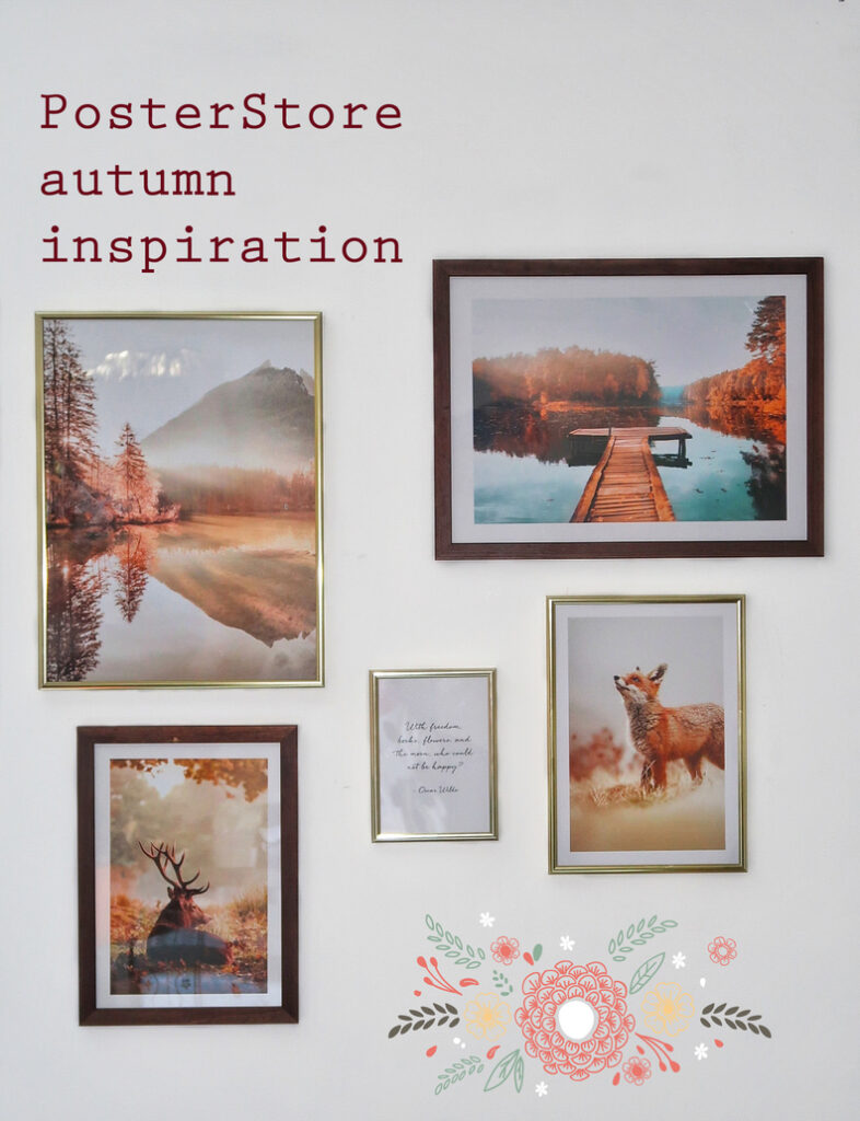 Wall decor featuring five posters from PosterStore. There are two landscapes, a fox and a reindeer, and a small poster with a quote.