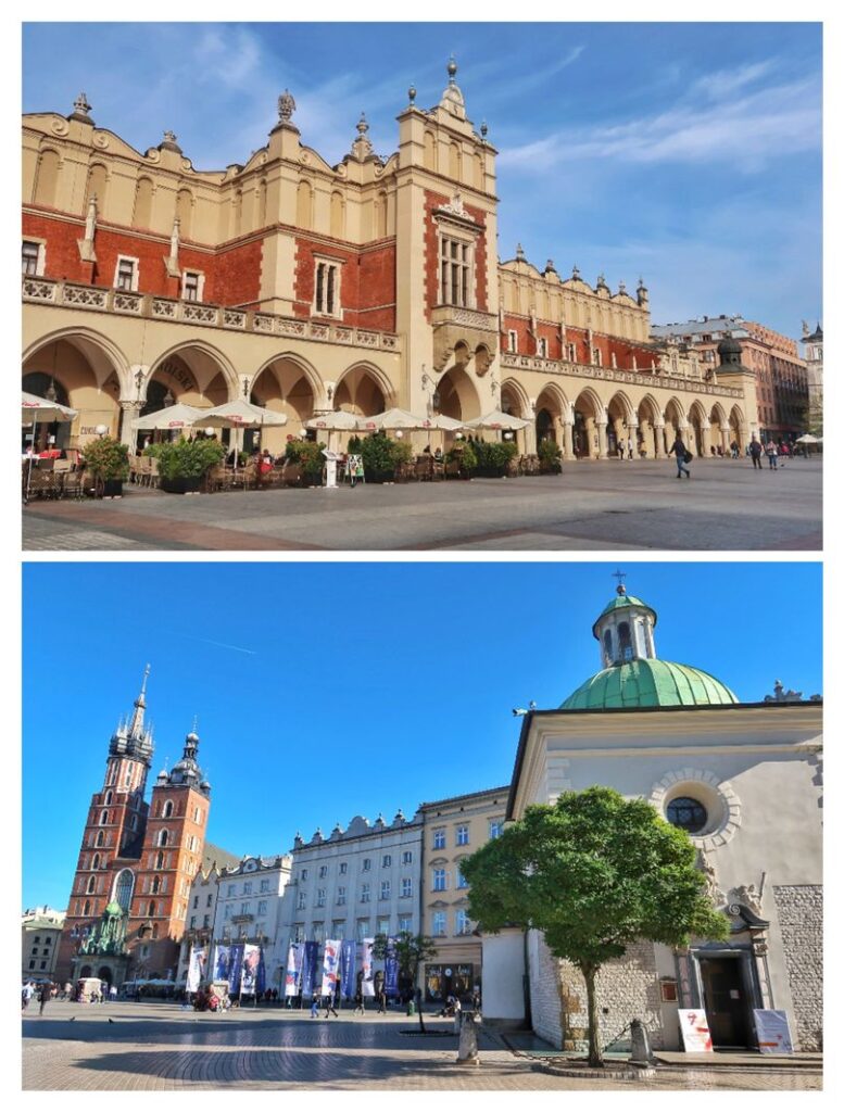A collage of two pictures of the Old Town Square, in Krakow, Poland. On the first picture is the Renaissance Cloth Hall building, and on the second, a church in the foreground and St Mary's Basilica in the background.