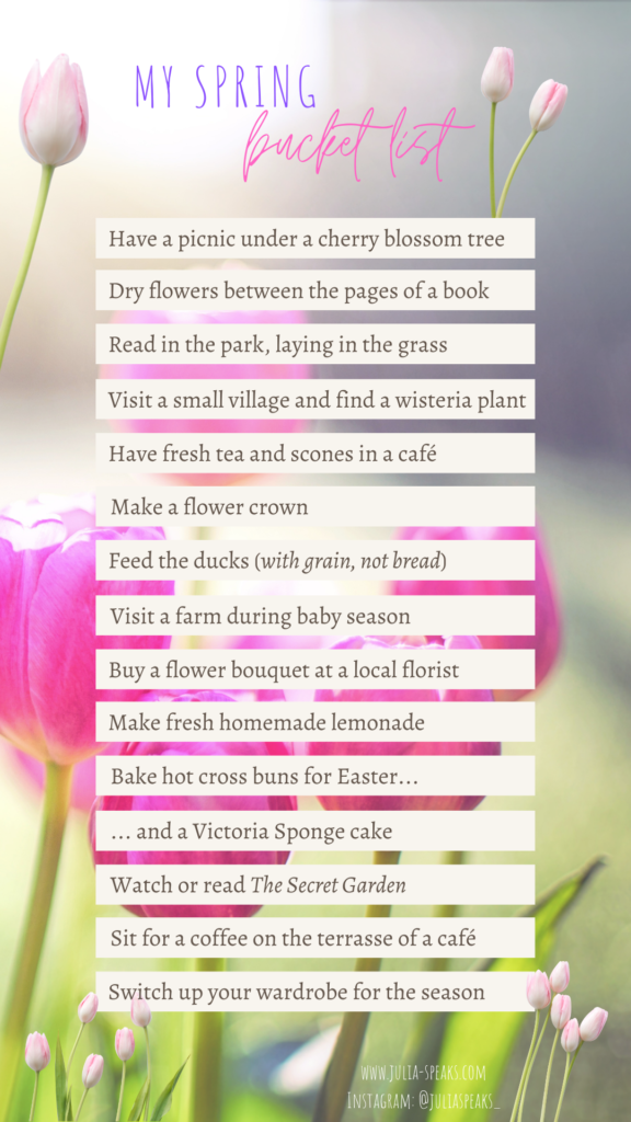 A spring bucket list with pink tulips in the background. There are 15 items in the bucket list, such as: have a picnic under a cherry blossom tree, make a flower crown, visit a farm during baby season, sit for coffee on the terrasse of a café...