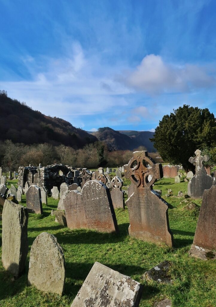 The old monastery graveyard in Glendalough, Wicklow mountains, Ireland.