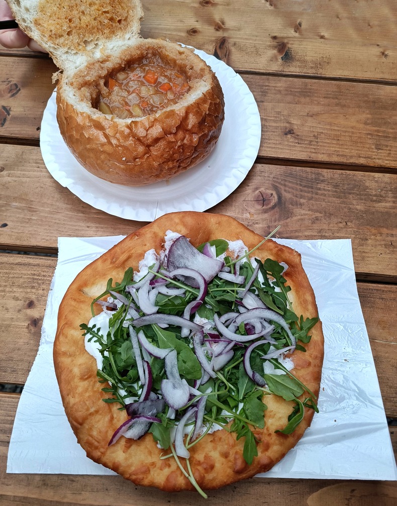 Hungarian food to try in Budapest: langos and goulash stew from Karavan, in the old Jewish Quarter.