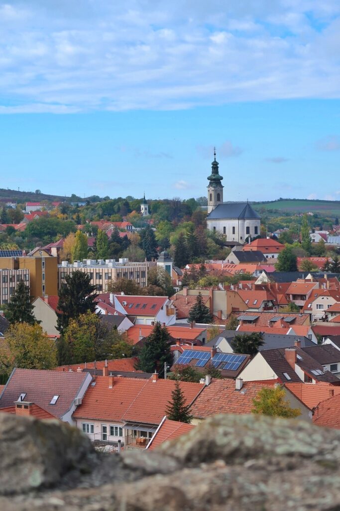A panoramic view of Eger, Hungary, from the medieval castle. Eger is a great city to visit on a day trip from Budapest.